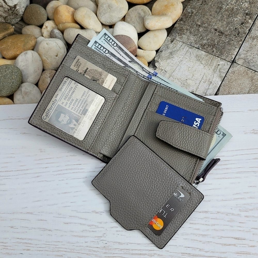 NEW! Genuine Leather Compact Zipper Wallet Gray